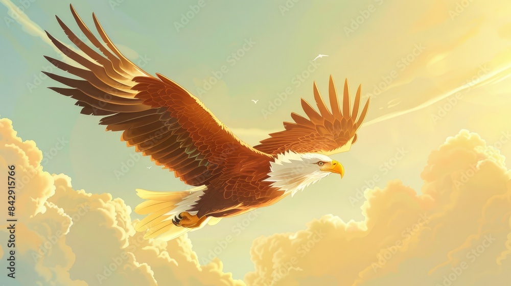 Obraz premium Cartoon eagle flying high with the sun casting a golden glow over its feathers, set against a bright, cheerful sky.