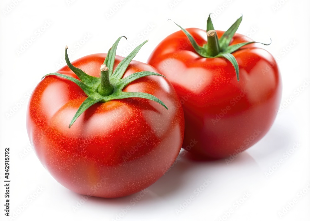 Two Red Ripe Tomatoes on a White Background. Generative AI Two Red Ripe Tomatoes on a White Background. Generative AI