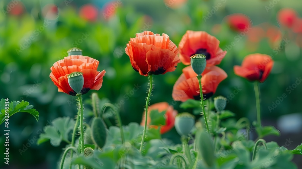 Fototapeta premium Blooming Red Poppy Flowers for Opium Harvest