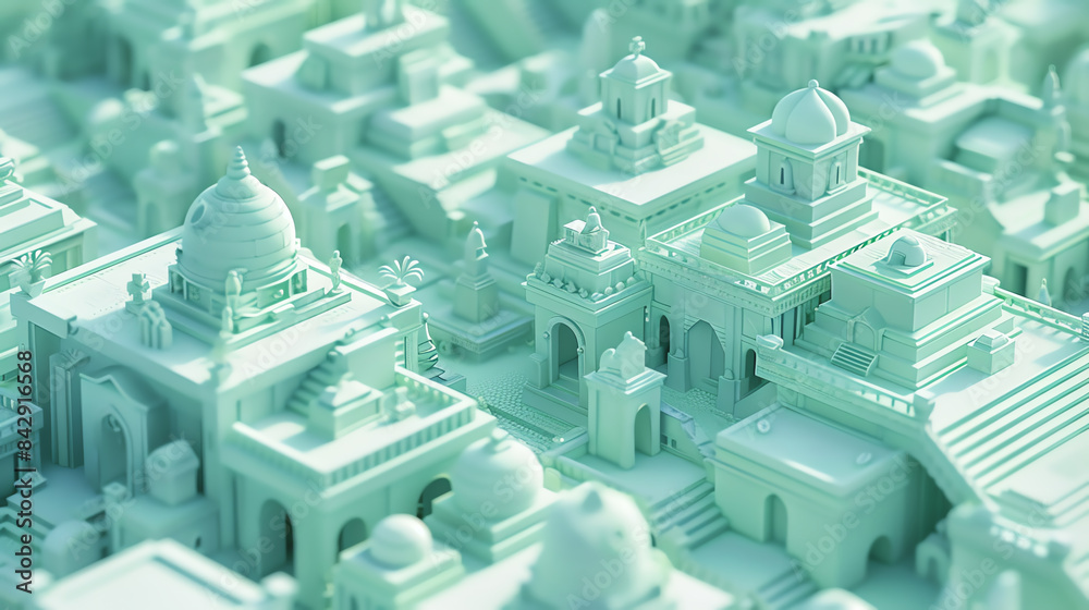 Detailed 3D rendering of an abstract cityscape in pastel green, showcasing intricate architectural elements and geometric patterns.
