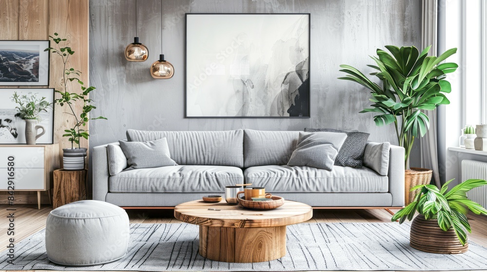 A modern living room with a gray sofa, a wooden coffee table, and plants