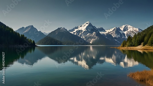 A body of water with trees and mountains in the background AI generated