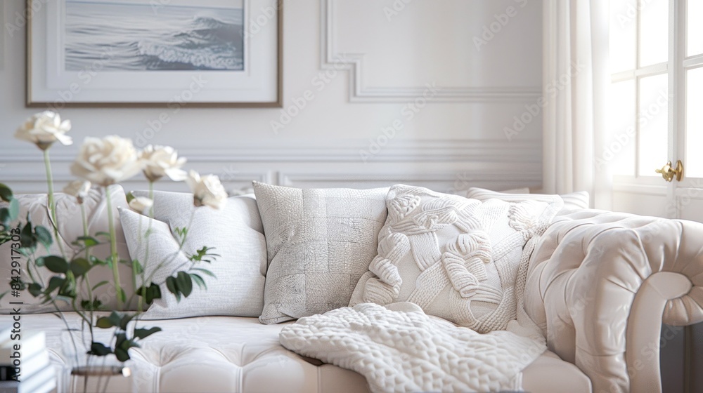 Naklejka premium A white sofa with decorative pillows and a throw blanket in a bright living room with a window and flowers