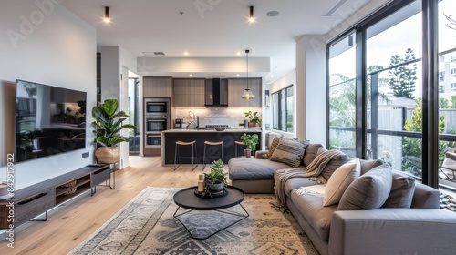 Modern living room with a gray sectional sofa, black coffee table, and a large flat-screen TV on the wall. Large windows offer views of a kitchen and the outdoors