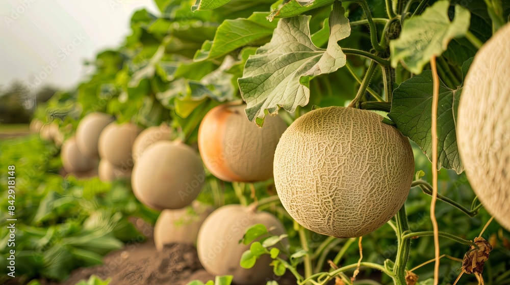 Ripe Cantaloupe Melons Ready for Harvest in a Vineyard