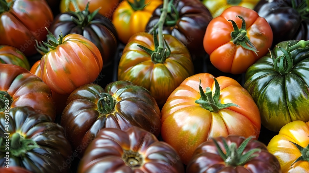 Ripe Heirloom Tomatoes on Vine in Garden Ripe Heirloom Tomatoes on Vine in Garden