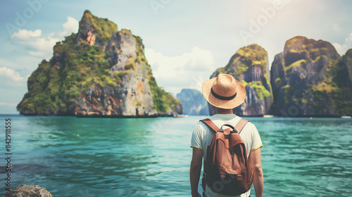 Back view of a traveler man with backpack at beautiful island photo