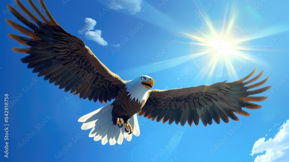 Obraz premium Cute cartoon eagle spreading its wings wide, flying towards a shining sun against a blue sky with a few fluffy clouds.