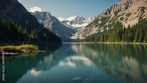 A body of water with trees and mountains in the background AI generated