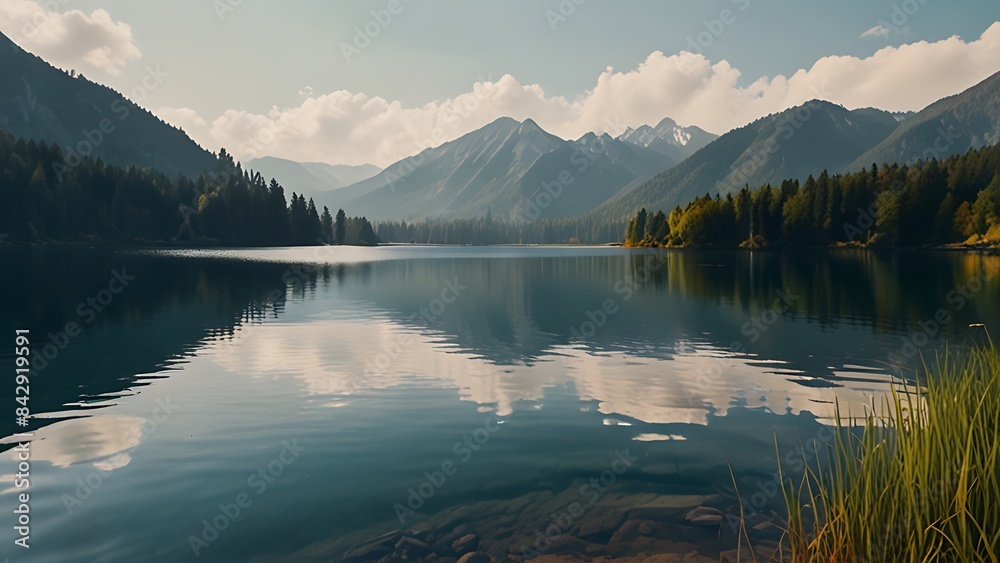 A body of water with trees and mountains in the background AI generated