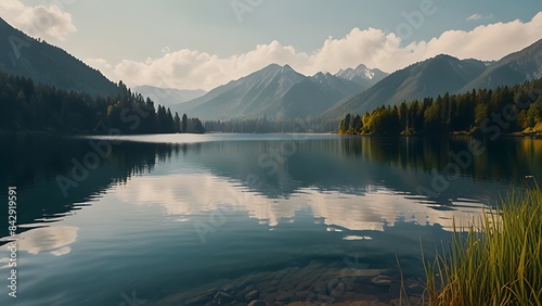 A body of water with trees and mountains in the background AI generated