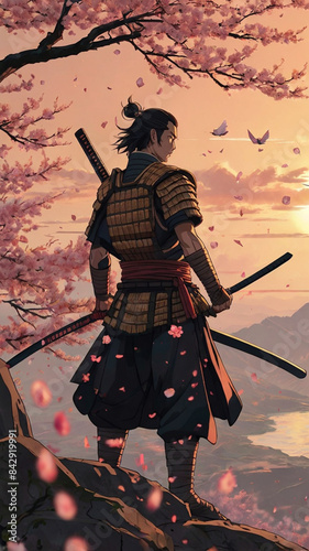 Mighty samurai standing on the hill