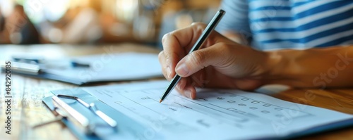 Satisfaction Survey Closeup of a person filling out a satisfaction survey on a tablet, with positive responses highlighted