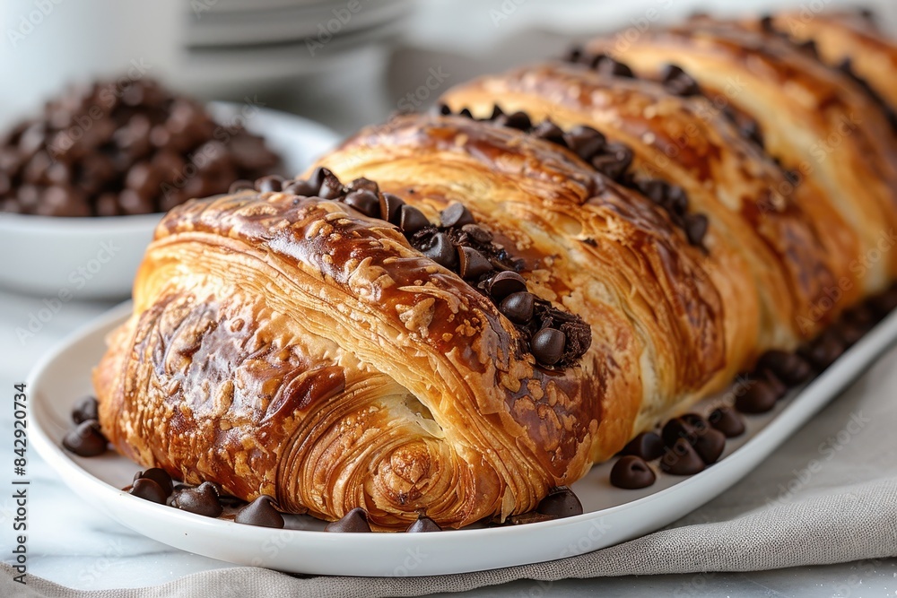 Pain au Chocolat A flaky, golden Pain au Chocolat with chocolate filling. Served on a white plate with a napkin. Pain au Chocolat A flaky, golden Pain au Chocolat with chocolate filling. Served on a white plate with a napkin.