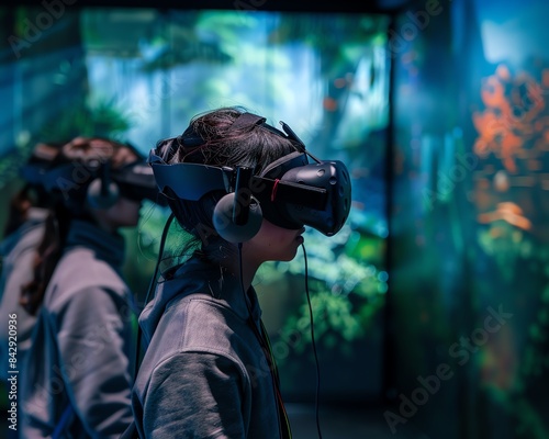 Immersive elearning environment with virtual reality headsets, students exploring interactive 3D worlds, cuttingedge digital education technology photo