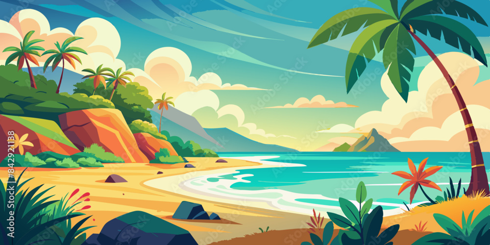 Obraz premium Vector illustration of abstract summer background with sea beach and sky. Tropical coast landscape with beautiful sea shore beach on a nice sunny day illustration 