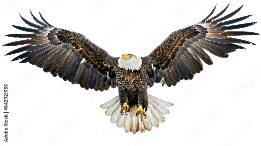 Obraz premium Front view of an eagle with sharp talons outstretched, soaring against a bright white background.