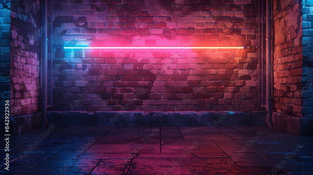 A single neon light tube casts a vibrant glow across the brick wall corner, creating a moody and atmospheric urban scene A single neon light tube casts a vibrant glow across the brick wall corner, creating a moody and atmospheric urban scene