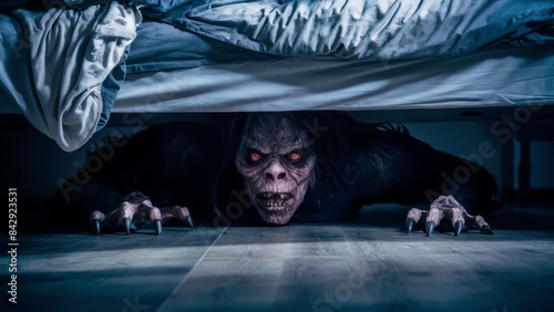 A creepy looking monster with red eyes under a bed, AI photo