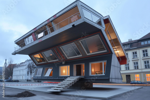 architecture by ai, floating glass and steel building, upside down house in austria, urban street view, photorealistic // ai-generated