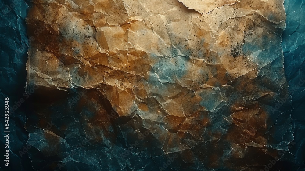 Naklejka premium Textured background of crumpled paper with a blue and brown color palette suggesting depth and dimension