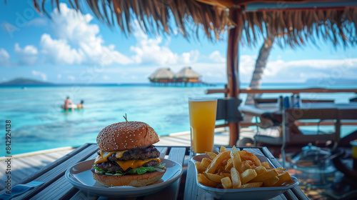 Burger and french fries on table. Ocean view. Travel concept photo