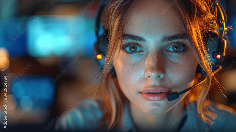 This striking close-up shows a woman with a headset bathed in neon lighting, highlighting the modern office atmosphere