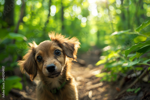 Close-up of a puppy exploring a forest trail  surrounded by lush greenery  capturing a moment of curiosity and adventure in nature.