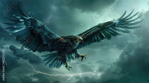 Robotic eagle soaring with its large, elegant wings, sharp talons ready, and piercing red eyes glowing against a stormy sky photo