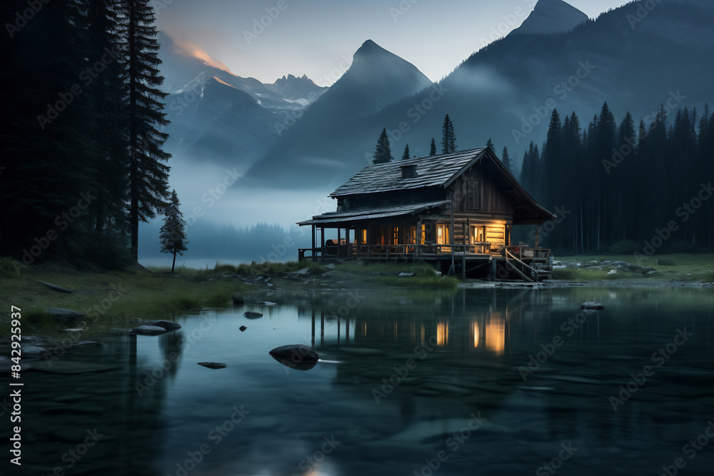 Obraz premium Cabin on lake with mountain view