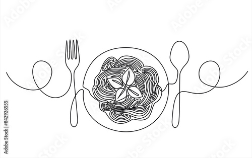 Single continuous line drawing of delicious spaghetti with fork and knife. Italy pasta noodle restaurant concept hand draw line art design vector illustration for cafe, shop or food delivery service