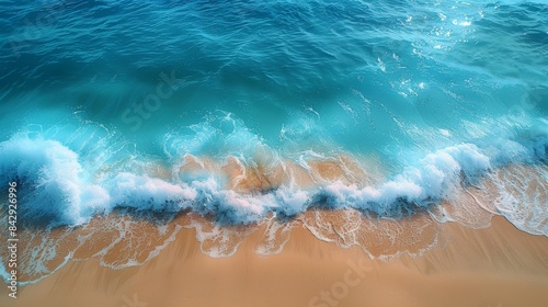 A top-down shot capturing the tranquil motion of waves as they meet the sandy shore of a beach  showcasing a harmonious blend of water and land