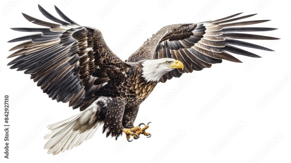 Fototapeta premium Side view of an eagle gliding with its sharp talons visible, set against a clean white background.