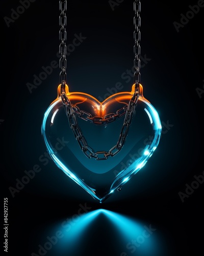 Abstract glowing heart pendant with metallic chains against a dark background, illuminated in shades of blue and gold. Modern digital art.