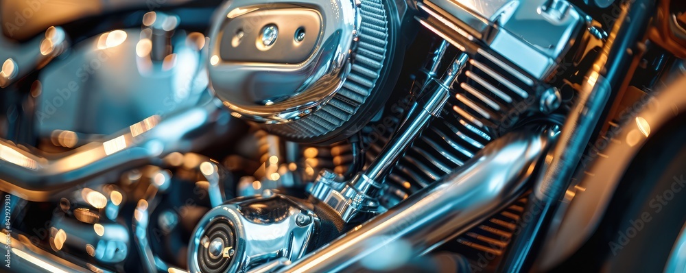 A highly detailed close-up of a chrome motorcycle engine showcasing mechanical complexity. A highly detailed close-up of a chrome motorcycle engine showcasing mechanical complexity.