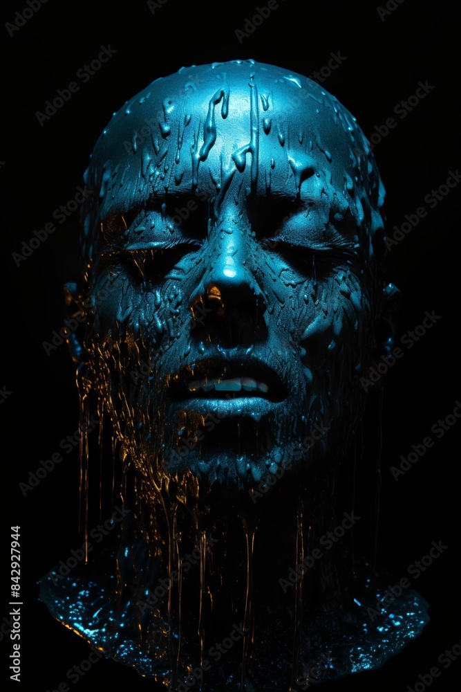 Eerie blue-lit sculpture of a human face draped with dripping liquid, creating a dark, mysterious, and surreal atmosphere. Eerie blue-lit sculpture of a human face draped with dripping liquid, creating a dark, mysterious, and surreal atmosphere.