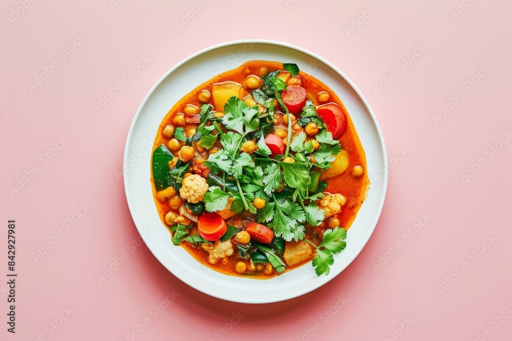 A Vibrant Bowl of Chickpea Curry With Fresh Cilantro on a Pink Background A Vibrant Bowl of Chickpea Curry With Fresh Cilantro on a Pink Background