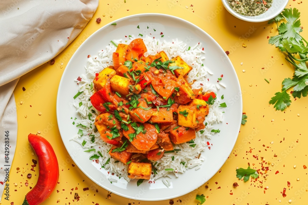 Aromatic Curry With Tofu and Sweet Potato on a Bed of Fluffy Rice Aromatic Curry With Tofu and Sweet Potato on a Bed of Fluffy Rice