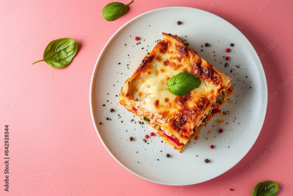 A Slice of Italian Delight: Cheesy Lasagna With Basil Garnishing on a White Plate Against a Pink Background