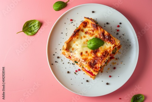Obraz na płótnie A Slice of Italian Delight: Cheesy Lasagna With Basil Garnishing on a White Plate Against a Pink Background w salonie