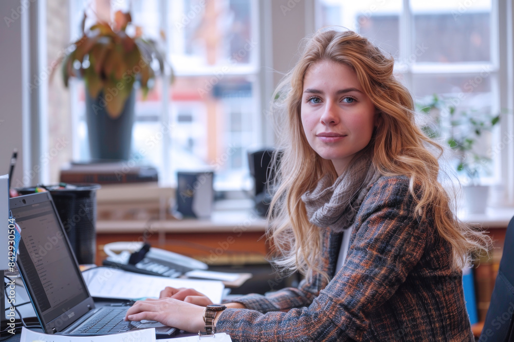 British attorney woman working at her desk in modern office British attorney woman working at her desk in modern office