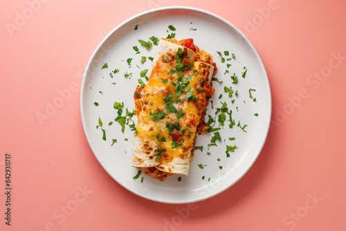 A Delectable Enchilada Dinner on a White Plate Against a Pink Background
