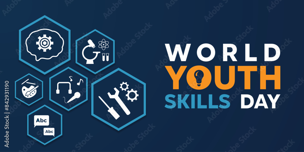 world Youth Skills Day. Brain, science, sing, and more. Great for cards, banners, posters, social media and more. Dark blue background. world Youth Skills Day. Brain, science, sing, and more. Great for cards, banners, posters, social media and more. Dark blue background.
