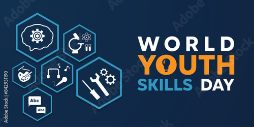world Youth Skills Day. Brain, science, sing, and more. Great for cards, banners, posters, social media and more. Dark blue background.