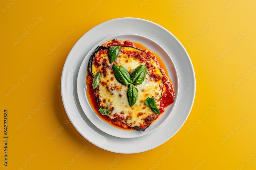 A Single Serving of Melted Cheese and Tomato Sauce on a White Plate Against a Vibrant Yellow Background