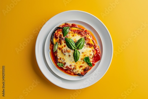 Obraz na płótnie A Single Serving of Melted Cheese and Tomato Sauce on a White Plate Against a Vibrant Yellow Background w salonie