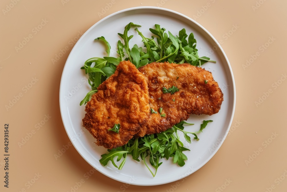 Crispy Golden Fried Chicken Cutlets With Arugula Salad on a White Plate Crispy Golden Fried Chicken Cutlets With Arugula Salad on a White Plate
