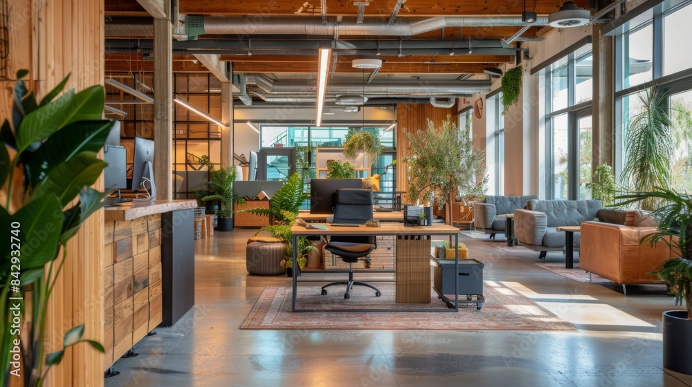 Naklejka premium Eco-friendly office using recycled materials, featuring a rustic, sustainable design in a natural setting, emphasizing green building practices.