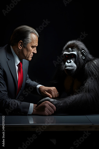 ape shaking businessmans hand, ape making a deal with a businessman, ape in a suit shaking hands, shaking ape hands © MrJeans