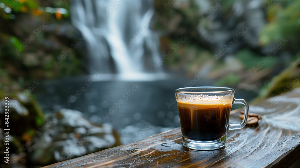 Espresso coffee in a transparent glass, on a wooden table, beautiful flowing waterfall in the background, Ai generated Images Espresso coffee in a transparent glass, on a wooden table, beautiful flowing waterfall in the background, Ai generated Images
